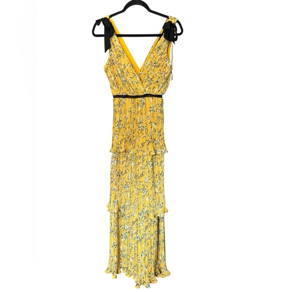 Lulus Such Sophistication Yellow Black Floral Tiered V Neck Maxi Gown Size XS - Picture 7 of 7